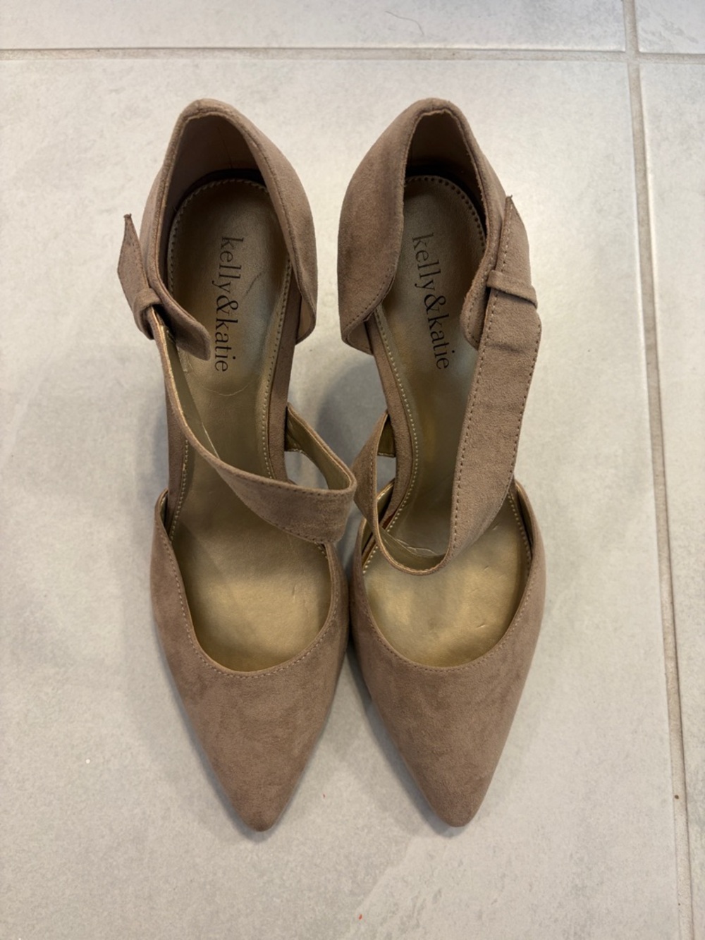 Kelly & Katie Taupe Pointed-Toe Ankle-Strap Heels. Heel height 3.0